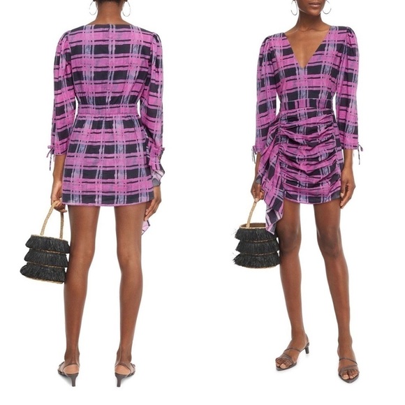 NWT RHODE Piper Plaid Ruched Cotton Purple Mini Dress Sz S - Picture 1 of 6